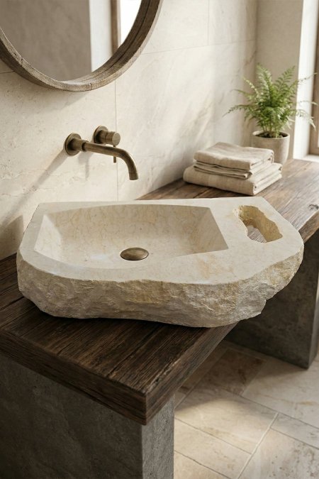 حوض مغسلة حجر طبيعي مع رف جانبي – 69×48 سم